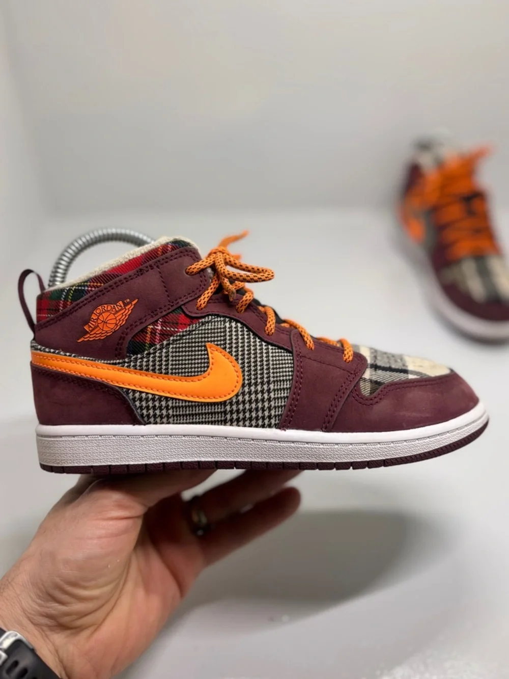 Nike Air Jordan 1 Mid GS Plaid Orange FD5461-608 Youth 3Y Burgundy Wool Sneaker